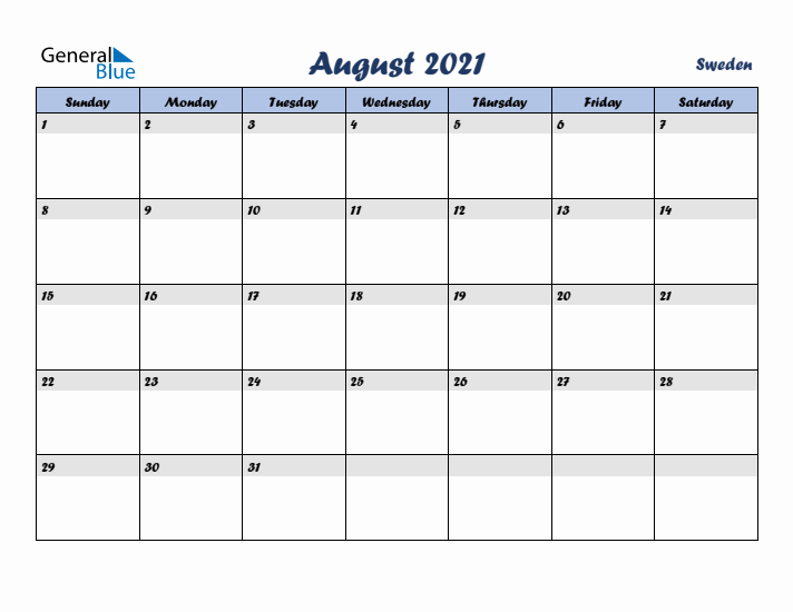 August 2021 Calendar with Holidays in Sweden