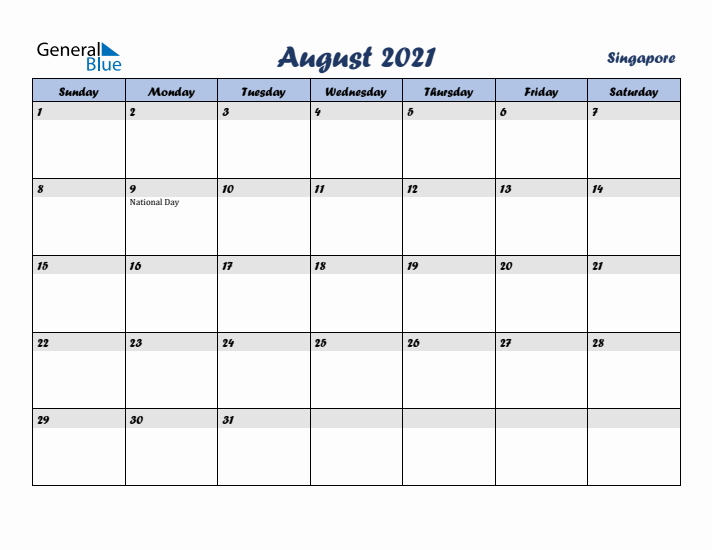 August 2021 Calendar with Holidays in Singapore