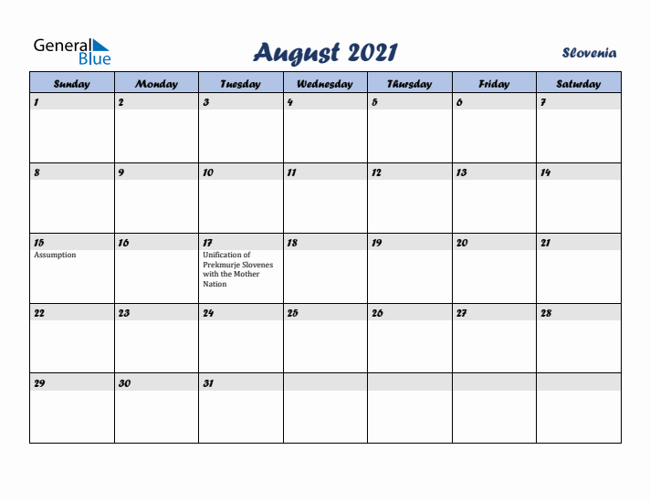 August 2021 Calendar with Holidays in Slovenia