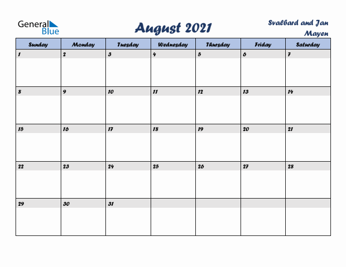 August 2021 Calendar with Holidays in Svalbard and Jan Mayen