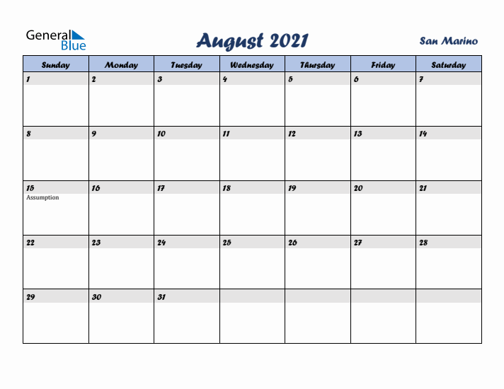 August 2021 Calendar with Holidays in San Marino