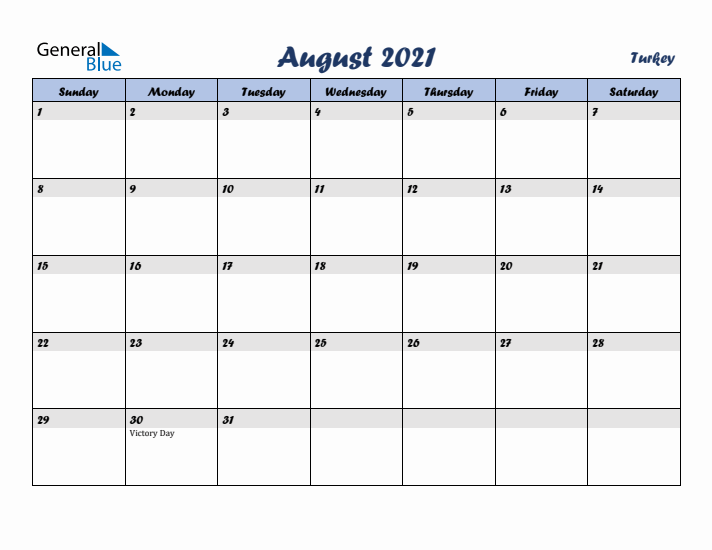 August 2021 Calendar with Holidays in Turkey