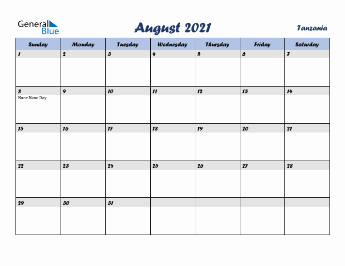 August 2021 Calendar with Holidays in Tanzania