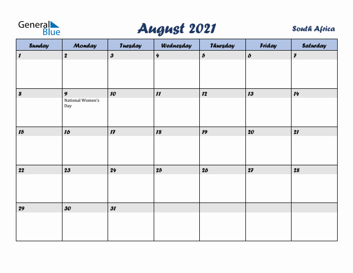 August 2021 Calendar with Holidays in South Africa