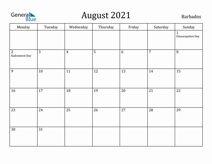 August 2021 Calendar Barbados