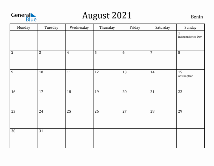 August 2021 Calendar Benin