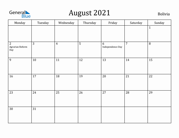 August 2021 Calendar Bolivia