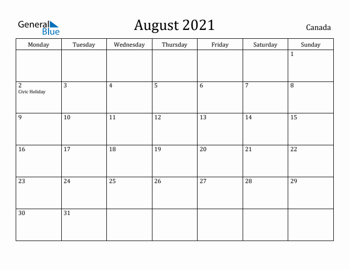 August 2021 Calendar Canada