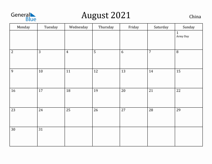 August 2021 Calendar China