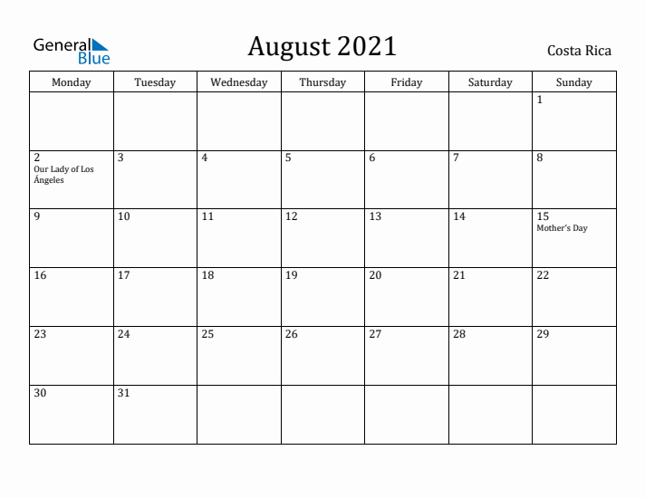 August 2021 Calendar Costa Rica