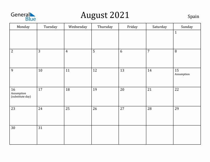 August 2021 Calendar Spain