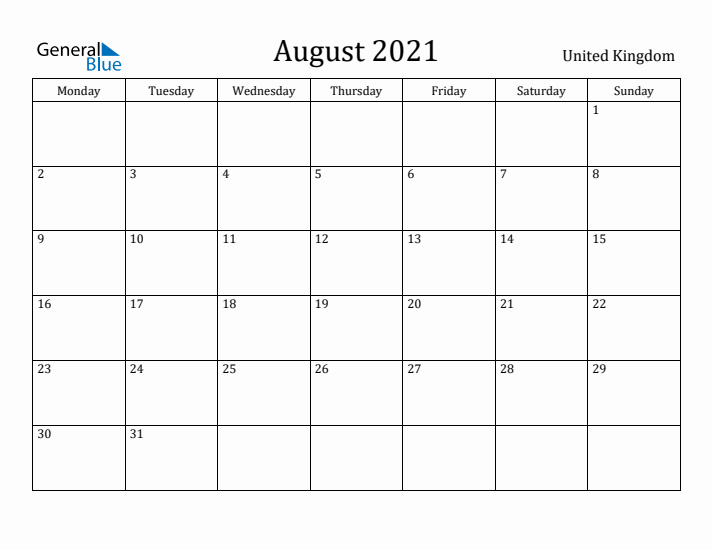 August 2021 Calendar United Kingdom