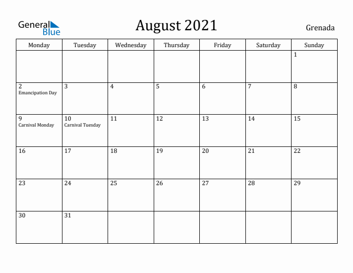 August 2021 Calendar Grenada