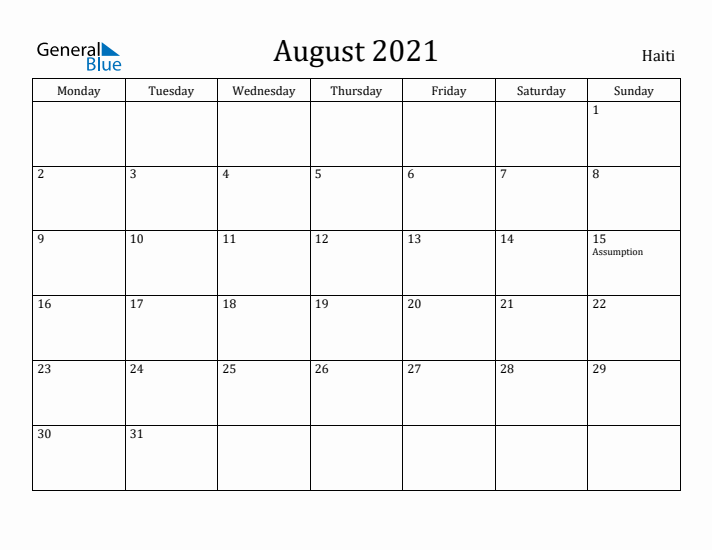 August 2021 Calendar Haiti