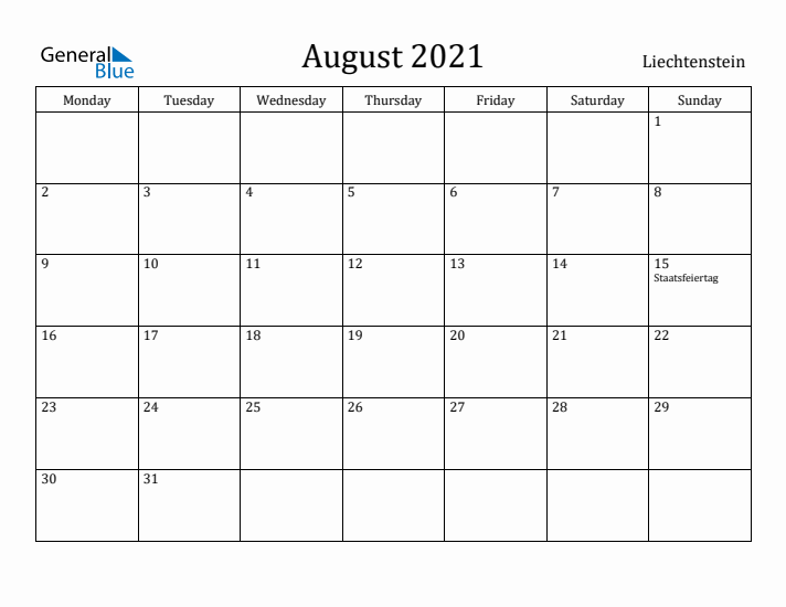 August 2021 Calendar Liechtenstein