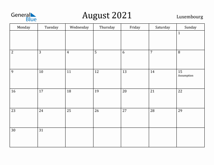 August 2021 Calendar Luxembourg