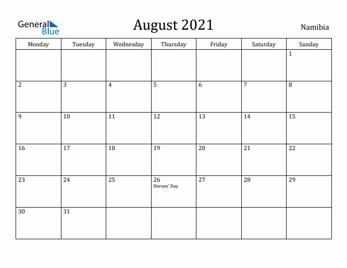 August 2021 Calendar Namibia