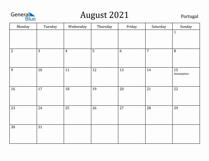 August 2021 Calendar Portugal