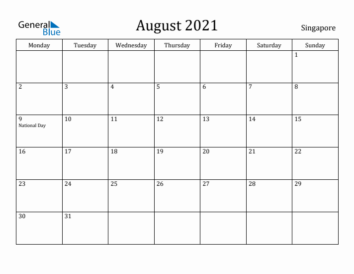 August 2021 Calendar Singapore