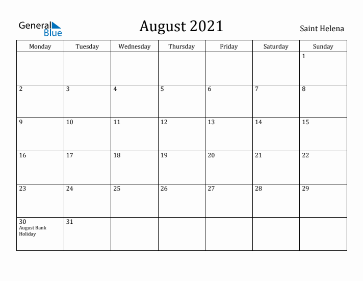 August 2021 Calendar Saint Helena