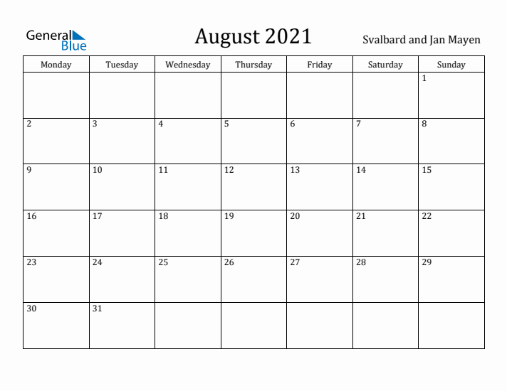 August 2021 Calendar Svalbard and Jan Mayen