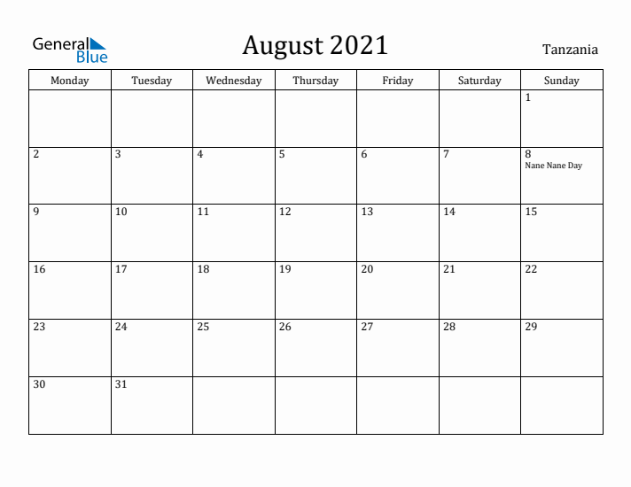 August 2021 Calendar Tanzania