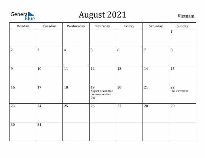 August 2021 Calendar Vietnam