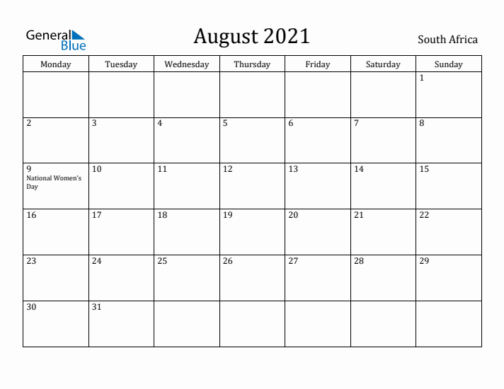 August 2021 Calendar South Africa