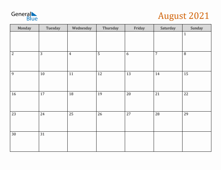 Editable August 2021 Calendar