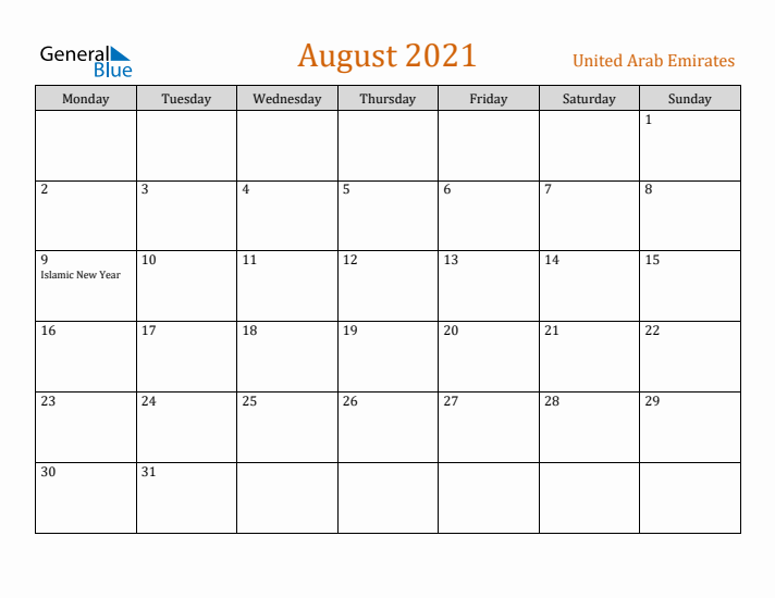 August 2021 Holiday Calendar with Monday Start