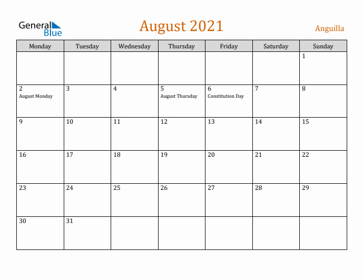 August 2021 Holiday Calendar with Monday Start