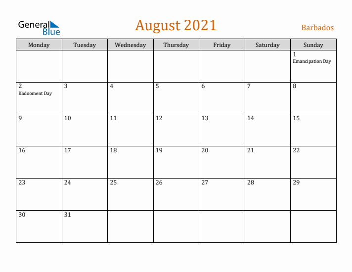 August 2021 Holiday Calendar with Monday Start