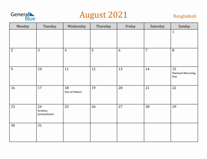 August 2021 Holiday Calendar with Monday Start