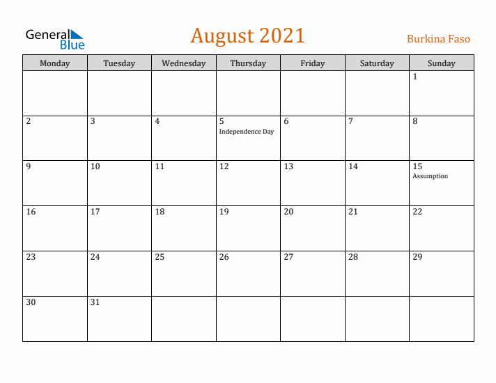 August 2021 Holiday Calendar with Monday Start