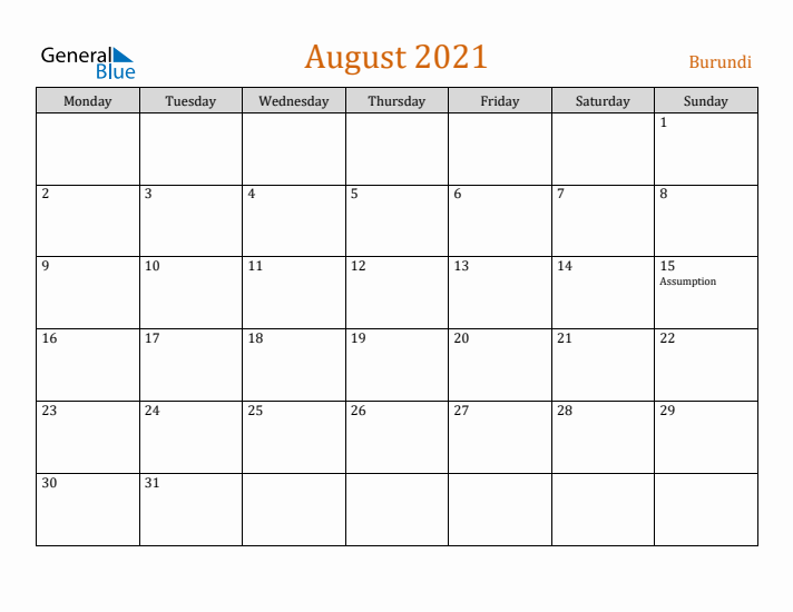 August 2021 Holiday Calendar with Monday Start