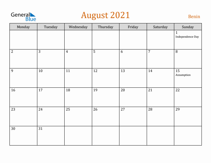 August 2021 Holiday Calendar with Monday Start