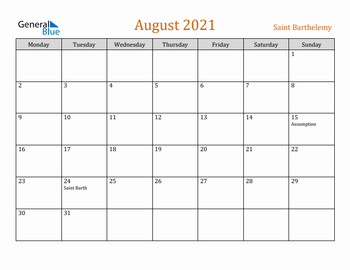 August 2021 Holiday Calendar with Monday Start