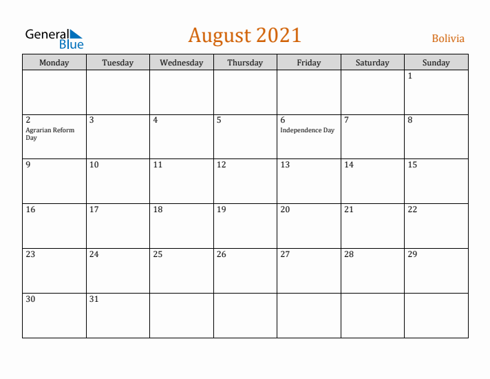 August 2021 Holiday Calendar with Monday Start