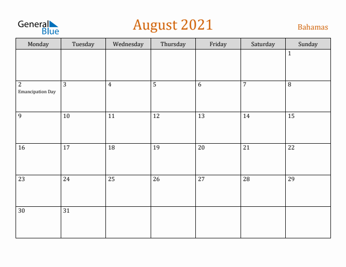 August 2021 Holiday Calendar with Monday Start