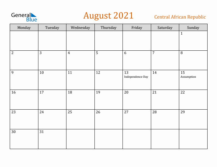 August 2021 Holiday Calendar with Monday Start