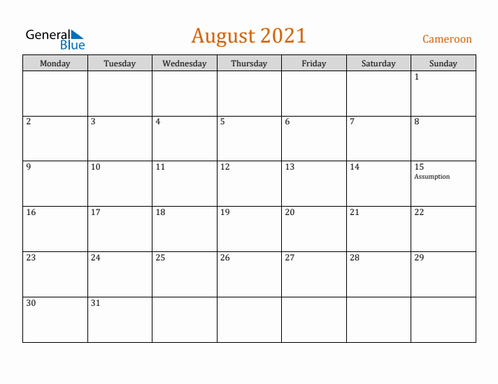 August 2021 Holiday Calendar with Monday Start