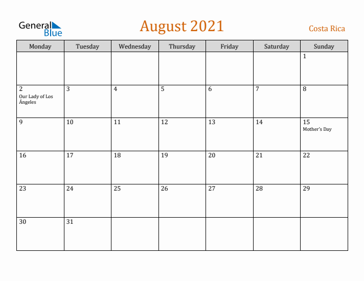 August 2021 Holiday Calendar with Monday Start