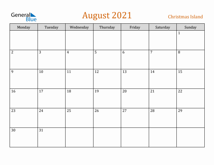 August 2021 Holiday Calendar with Monday Start