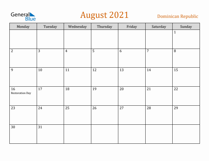 August 2021 Holiday Calendar with Monday Start