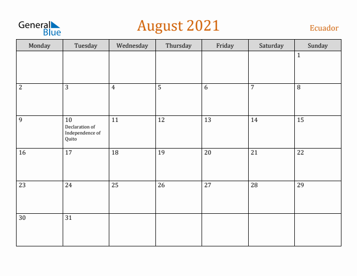 August 2021 Holiday Calendar with Monday Start