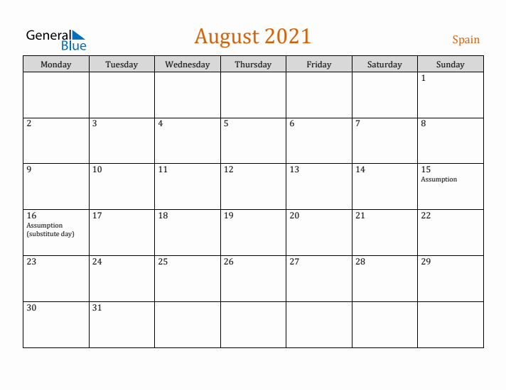 August 2021 Holiday Calendar with Monday Start