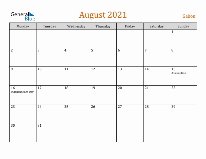 August 2021 Holiday Calendar with Monday Start