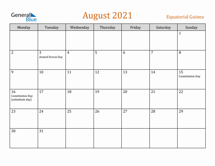 August 2021 Holiday Calendar with Monday Start