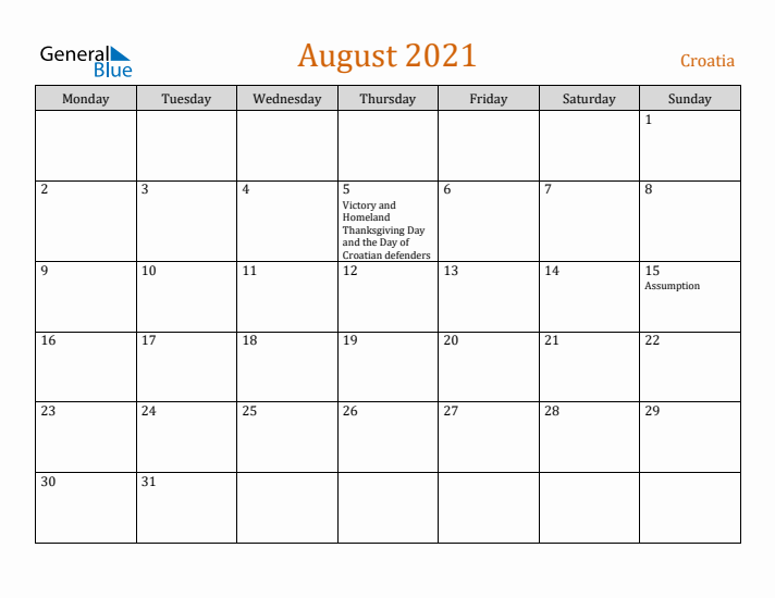 August 2021 Holiday Calendar with Monday Start