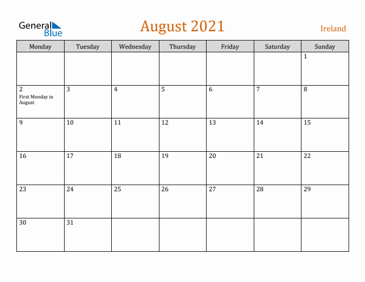 August 2021 Holiday Calendar with Monday Start